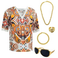 Hippie Men 70s and 80s Disco Clothing Shirts Beach Drawstring Printed Short Sleeves 5-Piece Disco Th