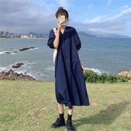 Ord- A-form long dress with peter collar, dark blue, 4-season women's dress with shirt collar, 112cm