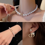 Elegant Luxury CD Letter Golden Pearl Earring Ring Choker Necklace Set Bracelets Earring For Women's