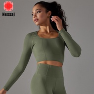 Nessaj เสื้อเสื้อแขนยาวกีฬา Zumba เสื้อยืดยาวออกกำลังกายสำหรับผู้หญิงรัดรูปไร้รอยต่อเสื้อวิ่งวิ่งออก