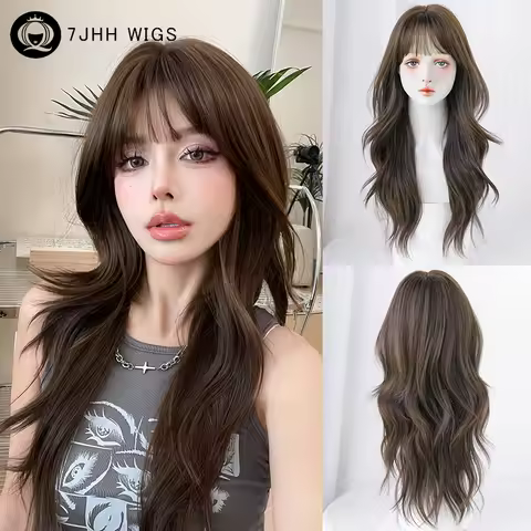 7JHH WIGS Loose Body Wavy Brown Hair Wigs with Neat Bangs High Density Synthetic Fashion Wave Wig fo