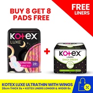 KOTEX Luxe Ultrathin Napkin with Wings 28cm Thick 8s + KOTEX Liners Longer and Wider 8s, women's hyg