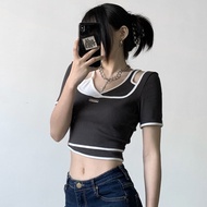 Amyway Millennium Hot Girl Style Contrast Color Design Feel Fake Two-Piece Short-Sleeved T-Shirt Sli