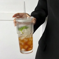 1pc,Striped Glass Cup With Straw And Lid - 20.29oz/600ml, Visually Appealing Glass Drinking Tumbler 