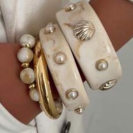 4pcs/Set Bohemian Style Ocean Theme Metal Fan-Shaped Shell & Faux Pearl Decor Cuff Bracelet, Fashion