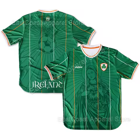 Men's Ireland Soccer Jersey Oversized Virgin Mary Shamrock Print Retro Breathable Fan Short Sleeve C