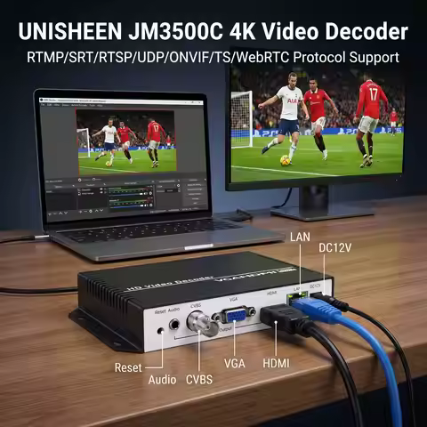 UNISHEEN 4K UHD H.265 H.264 WebRTC RTSP RTMP SRT UDP IP to HDMI VGA Converter Video Decoder Low Late
