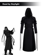 Men's Black Gothic Trench Coat Hooded Dress with Layered Shoulders and Side Slits - Dead by Daylight