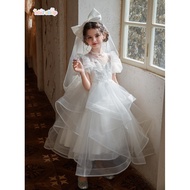 [Ready Stock] Girls White First Communion Dress, Puff Sleeve Tulle Gown with Veil & Bow
