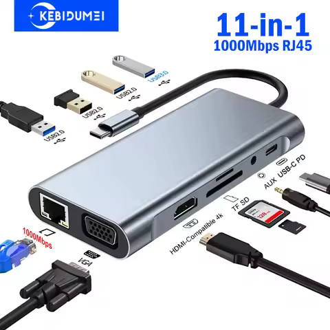 11-in-1 Type-C Docking Station USB 3.0 HUB USB C Splitter Type C to 4K HDMI VGA PD RJ45 1000M Networ