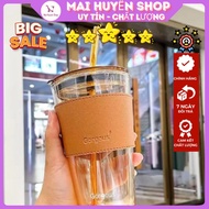 Gorgeous amber glass cup with leather case - Large 450ML