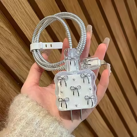Transparent Shining Bowknot Cellphone Charger Protective Case Sleeve For Apple IPhone 18w/20W Laser 