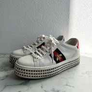 💥百搭必買款💖GUCCI 紅綠蜜蜂織帶白色滿鑽板鞋 37.5