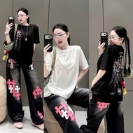 CROSS STONE LONG JEAN SET (S675) t-shirt, elastic waist jeans - Bigsize Yen Ngoc 60-90kg