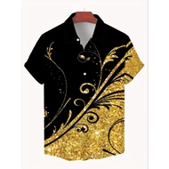 Men'S Black & Golden Glitter Sequin Shirt - Casual Fashion Lapel Collar, Short Sleeve, 3D Print Desi