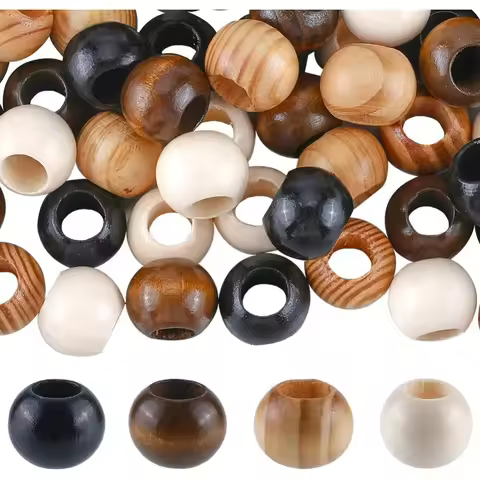 60PCS 4 Styles Large Loose Wooden Beads 20MM Round Spacer Ball Bead 10MM Hole Brown Black Blank Unfi
