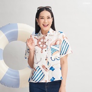 AT Hue เสื้อเชิ้ต อก 44 ยาว 23 เสื้อแขนสั้น เสื้อผ้าลินิน แท้ 100% เส้นใยธรรมชาติ พิมพ์ลาย แบรนด์ AT