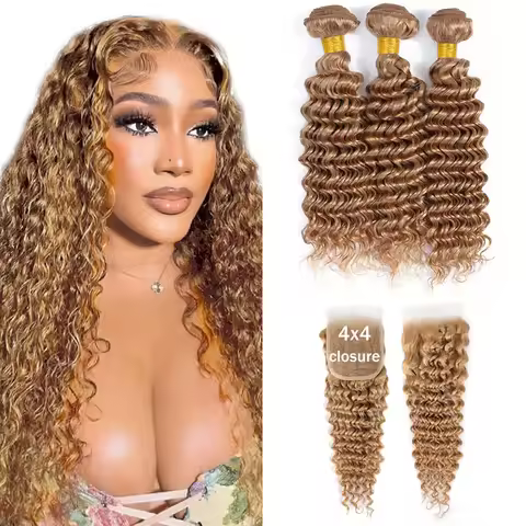 #27 Honey Blonde Deep Wave Human Hair Bundles with Closure 12A Brazilian Remy 3 Bundles with 4x4 Lac