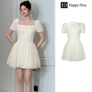 Happy Diva เดรสลูกไม้สีส้มแอพริคอต เอไลน์สีเรียบ สไตล์แคชวลสง่างาม 21738
