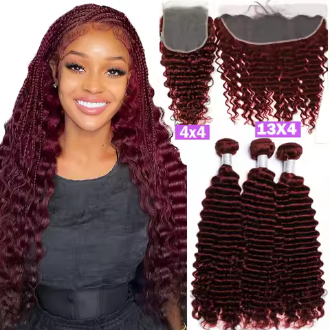 #99J Deep Wave Bundles With Closure Brazilian Raw Hair Colored 99J Burg Human Hair 3/4 Bundles With 
