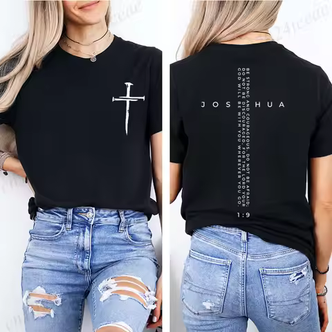 Be Strong and Courageous Bible Verse Tee,Minimalist Cross Christian Shirt,Inspirational Scripture Wo