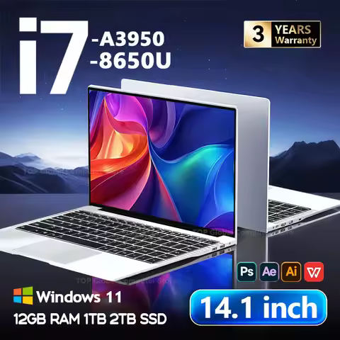 2026 14.1"Laptop Intel Core i7 8650U Atom A3950 Portable Laptops Windows 11 Computer 4K HD 12GB RAM 