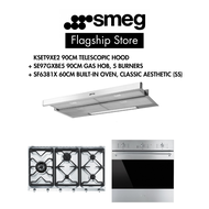 SMEG Bundle 90cm Gas hob (SS) 5 zones + 60cm Analog Oven + Optional Non Wall Mounted (KSET6XE2) Or Wall Mounted Hood (KBT900XE or KBT9L4VN)