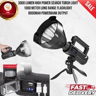 3000 lumen high power search torch light 1000 meter long range flashlight 8000mah powerbank output