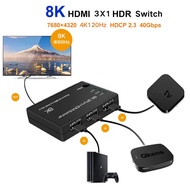 8K 60Hz HDMI Switch 3x1 HDR HDMI2.1 Switcher 3 in 1 Out Selector Hub 4K 120Hz Video Converter for Ca