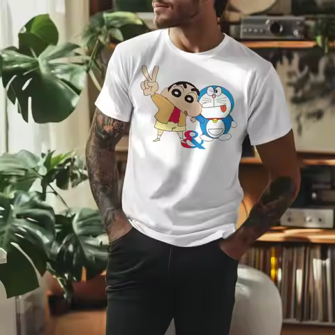 Crayon Shin-chan Tshirt Men Cotton Tops Novelty Doraemon O-neck Short Sleeve