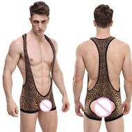 Sexy Men Thong Bodysuit Fashion Style Leopard Mens Wrestling Singlet Body Suit