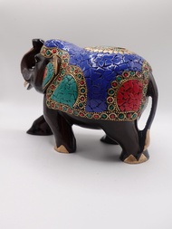 Hand Crafted Wooden Elephant with Stone and Jewel Work/Fine Carving Up Trunk Elephant Figurine Showp