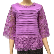 เสื้อลินินคอปาดแต่งลูกไม้คอตตอนนิ่ม อก 38" 40" 42" 44" 46" 48" 50" อินกะออย In Ka Oil สีม่วง/ทอง/ดำ/