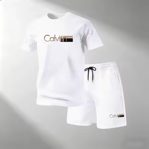 2026 Summer Men's Streetwear 2 Piece Set O-Neck T-Shirt+Sports Shorts Quick Dry Fitness Gym Running