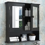 TaoHFE Black Medicine Cabinet,Medicine Cabinets for Bathroom with Mirror 2 Doors 3 Open Shelf,Bathroom Cabinet Wall Mounted Wooden Storage Over Toilet Laundry Kitchen (BC002)