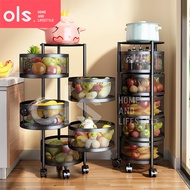 OLS Round Net Basket Shelf Rack Organizer with Wheels 3/4/5 Layer Kitchen Vegetable Fruit Storage