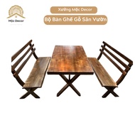 Bộ bàn ghế sân vườn gỗ tự nhiên 1 bàn 2 ghế băng có tựa lưng