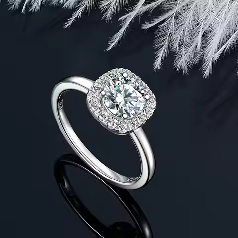 IOGOU 925 Silver 6.5mm 1.0CT D Round Moissanite Diamond Halo Ring Wedding Finger Bands for Women GRA