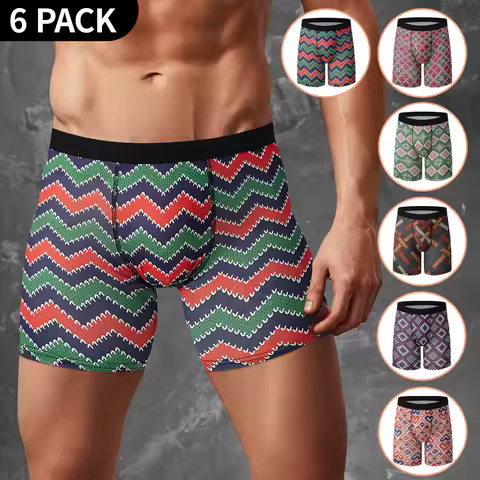 6 Pcs men's fashion print sports long boxer briefs comfortable and breathable stretch shorts plus si