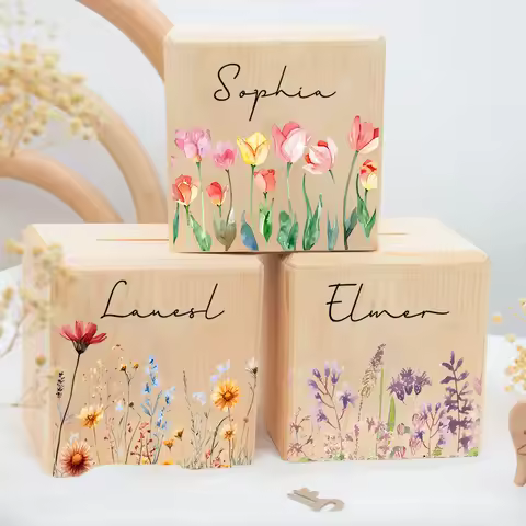 Personalized Piggy Bank Custom Wooden Money Box with Name Fashion Flower Pattern Money Box Child Pig