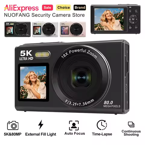80MP 5K Dual Screen Digital Camera - 18X Zoom Autofocus Selfie Camera for Vlogging, Portable Compact