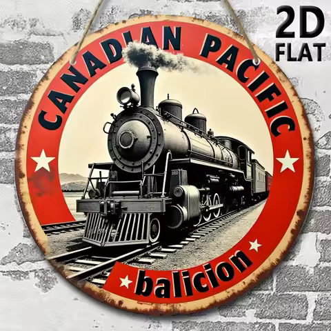 2D Plane, Retro Pacific Railway 2D Plane Wall Art - Featuring Steam Locomotives and Red Borders, Ret