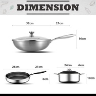 ✶▨Innohut 3 In 1 SUS 316 Stainless Steel Non-Stick Sasite Wok, Pot And Pan Kitchen Cookware Set