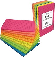 Lined Sticky Notes, 4 x 6, 10 Pack, 500 Sheets (50/Pad), Self Stick Notes with Lines, 6 Bright Assor