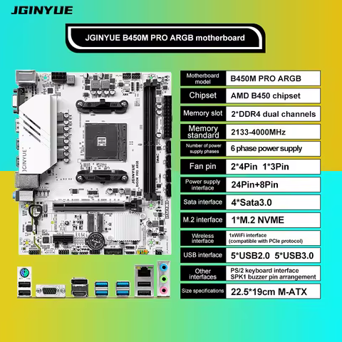 JGINYUE B450M PRO ARGB Motherboard Supports AMD AM4 1000/2000/3000/4000/5000 Series Processors Dual-