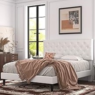 Allewie Queen Bed Frame with Adjustable Diamond Stitched Button Tufted Headboard/Faux Leather Upholstered Platform Bed with Easy-Assembly Wood slats, Off-White