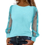 Casual Loose Long-Sleeved T European American Round Neck Plus Size Shirt Sequined Gauze Top Women St