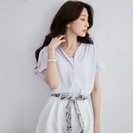 OB Strictly Selected Chiffon V-Neck Pleated Shape Lotus Leaf Sleeve Top < AB21302 >