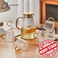 HAMMERED FINISH BOROSILICATE GLASS PITCHER BEVERAGE JUG WATER JAR WITH LID AND MUGS BALANG AIR MINUM