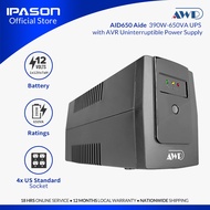 IPASON | AWP AID650 Aide 390W-650VA UPS with AVR Uninterruptible Power Supply (4-Sockets)